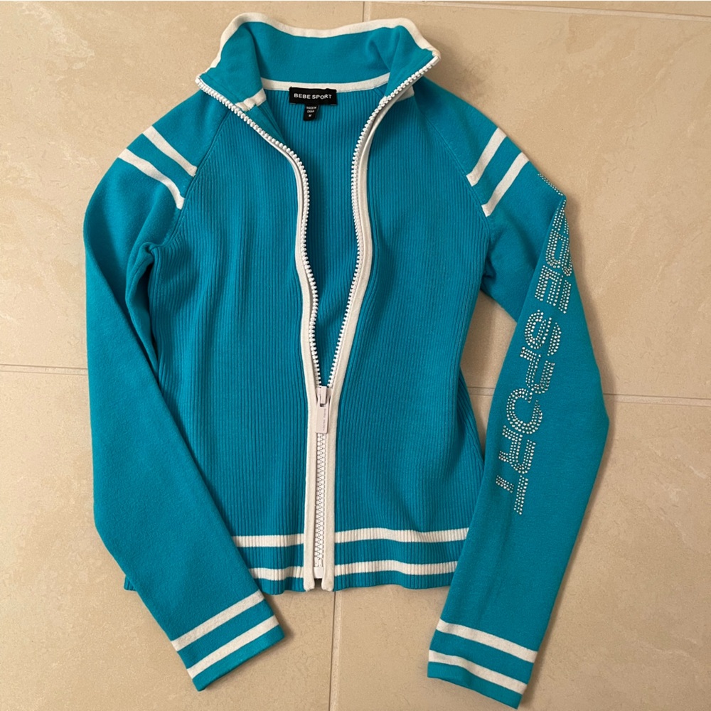 Bebe Sport Zip-Up Cardigan Sweater Jacket White Stripes & Crystal Logo On Arm